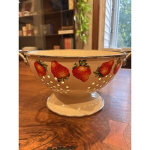 Vintage MCM Kobe Colander Footed Enamel  With Handles Strawberries Design